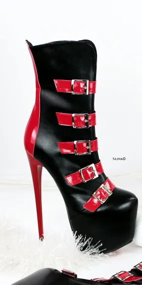 Belted Black Red Ankle Heel Boots