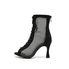 Black Mesh Peep Toe Lace Up High Heeled Boots