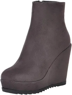 Caradise Womens Platform Wedge Zip Ankle Boots Round Toe High Heeled Autumn Winter Booties