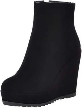 Caradise Womens Platform Wedge Zip Ankle Boots Round Toe High Heeled Autumn Winter Booties