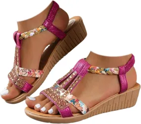Casual Bohemian Beach Sandals Orthopedic Platform Wedge Sandals for Women Open Toe Ankle Strap Boho Sandal Dressy Summer Comfortable Flat Sandal Dress Shoe for Work Party Wedding