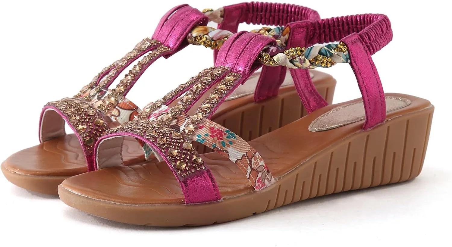 Casual Bohemian Beach Sandals Orthopedic Platform Wedge Sandals for Women Open Toe Ankle Strap Boho Sandal Dressy Summer Comfortable Flat Sandal Dress Shoe for Work Party Wedding