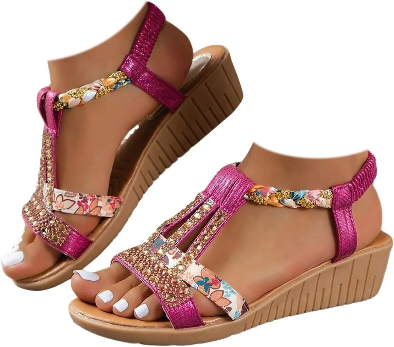 Casual Bohemian Beach Sandals Orthopedic Platform Wedge Sandals for Women Open Toe Ankle Strap Boho Sandal Dressy Summer Comfortable Flat Sandal Dress Shoe for Work Party Wedding