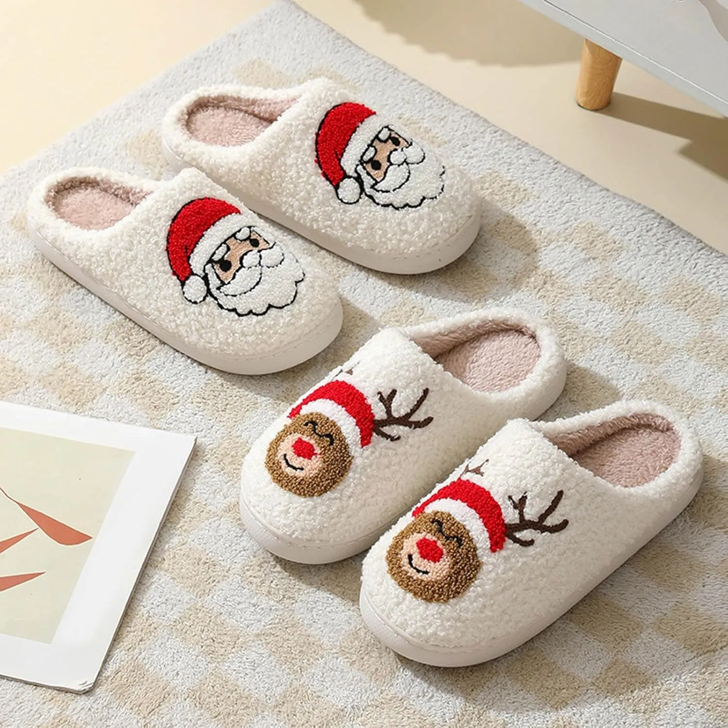 Cathalem Christmas Slippers for Women Men Memory Foam Slippers for Women Warm House Slippers for Woman Cozy Fuzzy Bedroom Home Shoes for Indoor