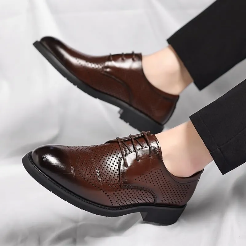 Dress Oxford Shoes for Men Lace Up Pointed Burnished Toe Breathable PU Leather Derby Shoes Rubber Sole Anti-Slip Slip Resistant Low Top Party(Brown,7)