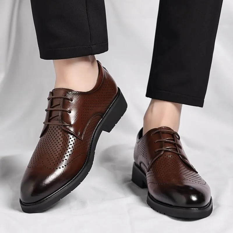 Dress Oxford Shoes for Men Lace Up Pointed Burnished Toe Breathable PU Leather Derby Shoes Rubber Sole Anti-Slip Slip Resistant Low Top Party(Brown,7)
