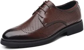 Dress Oxford Shoes for Men Lace Up Pointed Burnished Toe Breathable PU Leather Derby Shoes Rubber Sole Anti-Slip Slip Resistant Low Top Party(Brown,7)