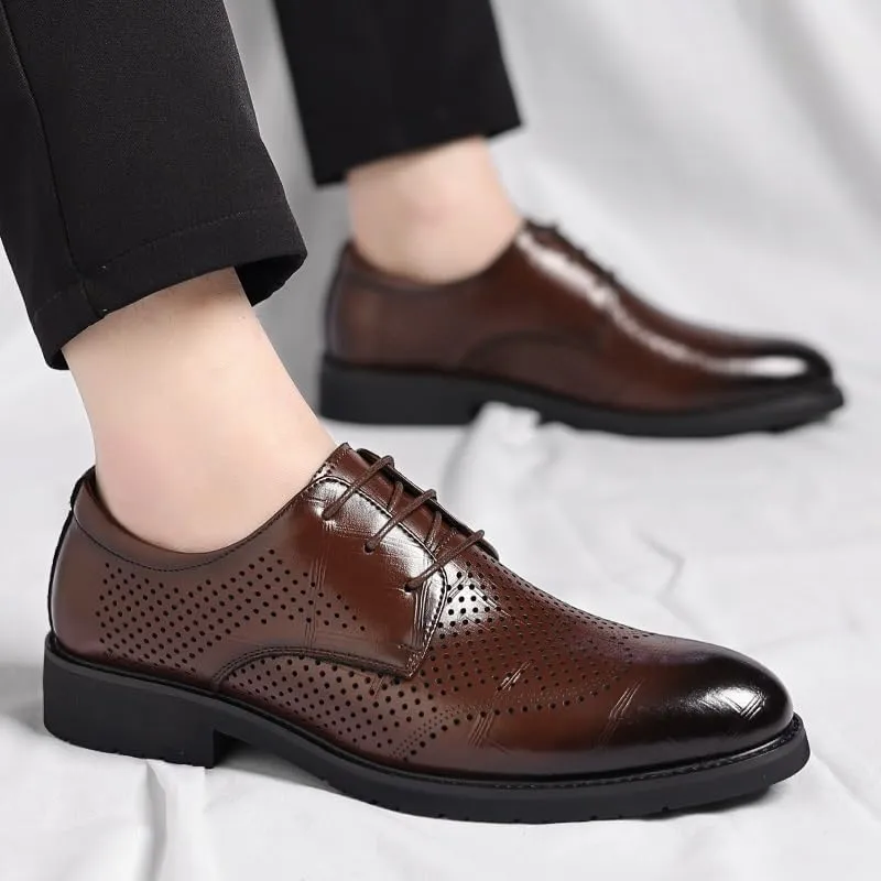Dress Oxford Shoes for Men Lace Up Pointed Burnished Toe Breathable PU Leather Derby Shoes Rubber Sole Anti-Slip Slip Resistant Low Top Party(Brown,7)