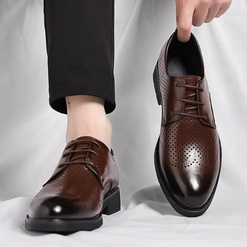 Dress Oxford Shoes for Men Lace Up Pointed Burnished Toe Breathable PU Leather Derby Shoes Rubber Sole Anti-Slip Slip Resistant Low Top Party(Brown,7)