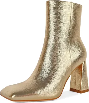 Eldof Square Toe Ankle Boots for Women Block Heel Chunky Gogo Boots High Heeled Short Booties Side Zipper 3 Inches