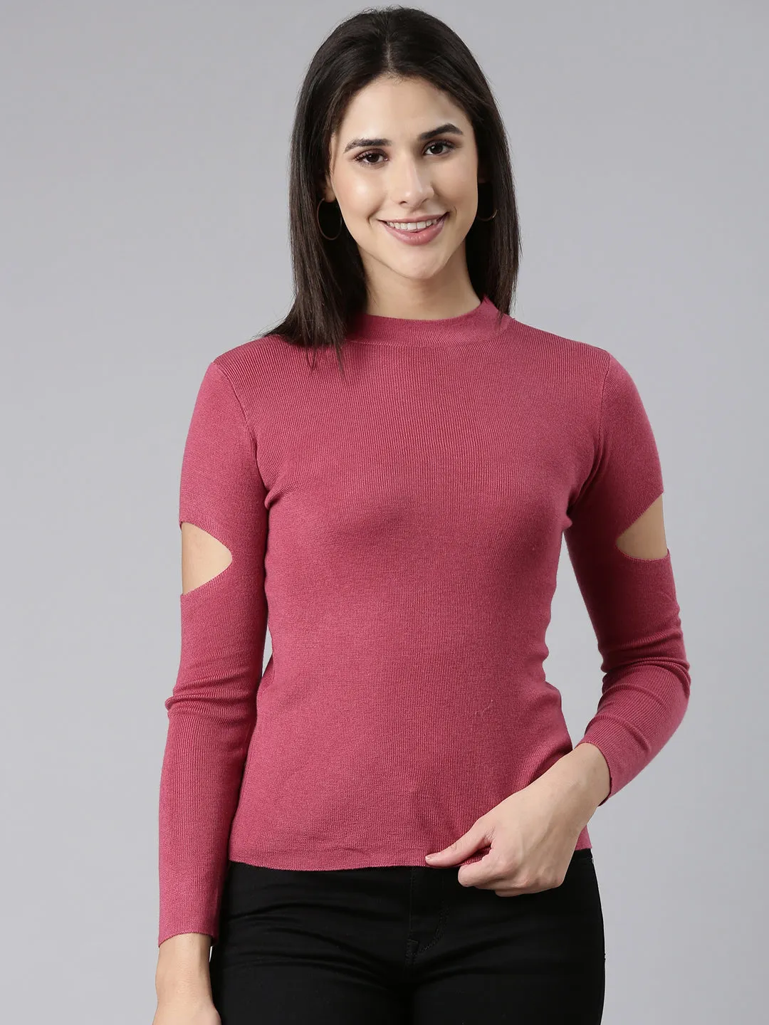 High Neck Solid Magenta Fitted Regular Top