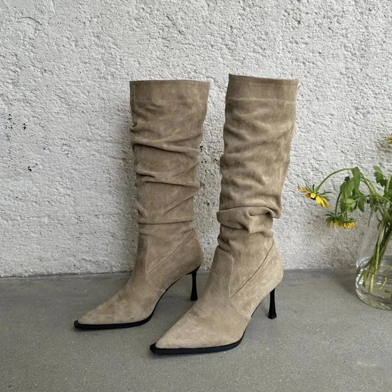 Hnzxzm Women's Boots Winter Knee High Shaft Heels Footwear Long Shoes for Woman Elegant Heeled Elastic Pointed Toe Goth New in Y2k Rock