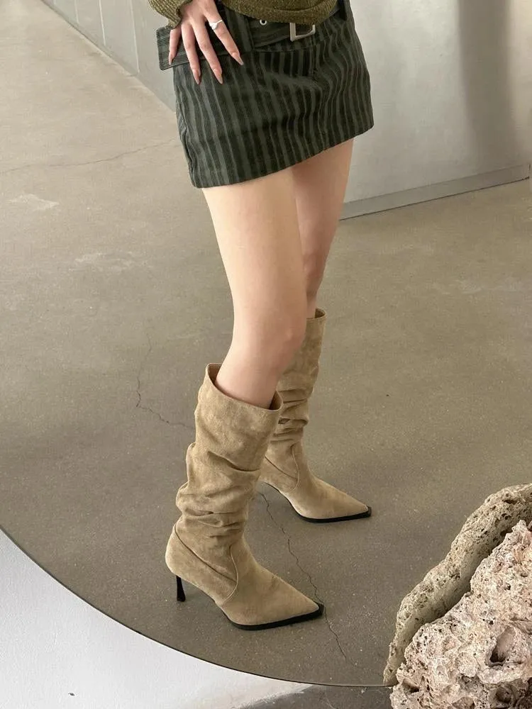 Hnzxzm Women's Boots Winter Knee High Shaft Heels Footwear Long Shoes for Woman Elegant Heeled Elastic Pointed Toe Goth New in Y2k Rock