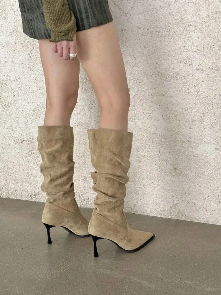 Hnzxzm Women's Boots Winter Knee High Shaft Heels Footwear Long Shoes for Woman Elegant Heeled Elastic Pointed Toe Goth New in Y2k Rock