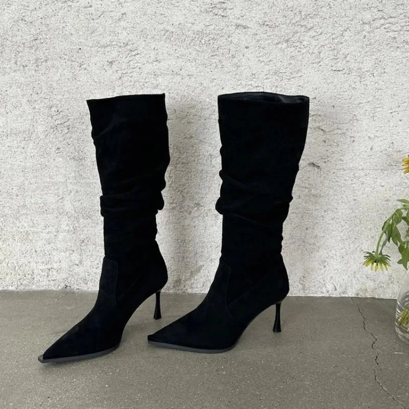Hnzxzm Women's Boots Winter Knee High Shaft Heels Footwear Long Shoes for Woman Elegant Heeled Elastic Pointed Toe Goth New in Y2k Rock