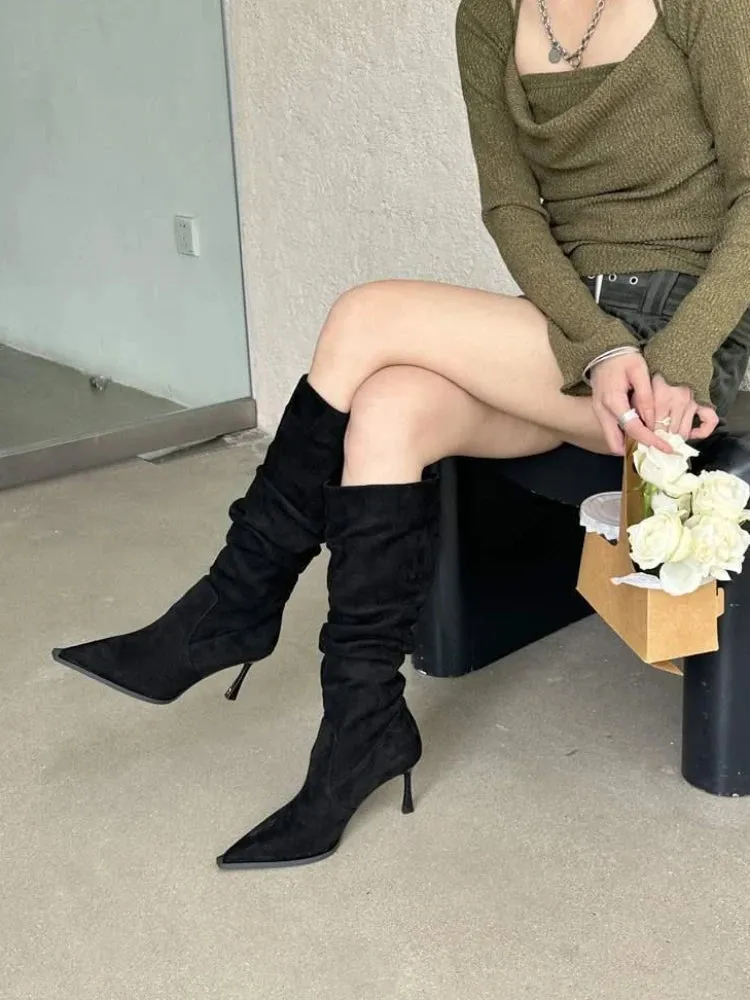 Hnzxzm Women's Boots Winter Knee High Shaft Heels Footwear Long Shoes for Woman Elegant Heeled Elastic Pointed Toe Goth New in Y2k Rock