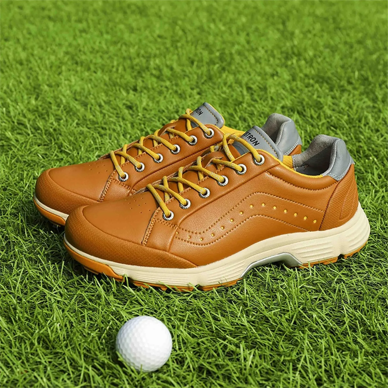 JiuQing Men's Golf Shoes Professional Spikes Leather Golfing Trainers Waterproof Anti-Slip
