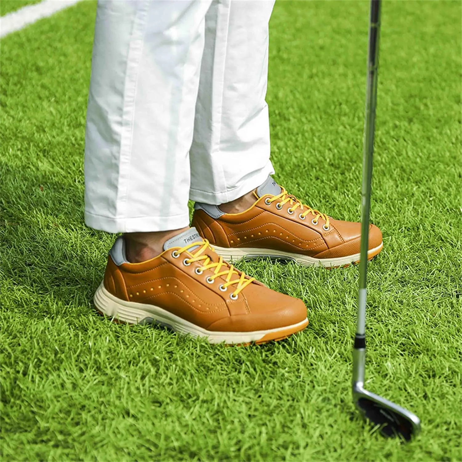JiuQing Men's Golf Shoes Professional Spikes Leather Golfing Trainers Waterproof Anti-Slip