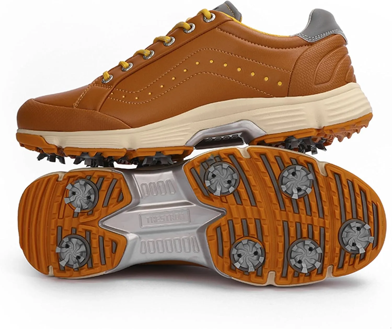 JiuQing Men's Golf Shoes Professional Spikes Leather Golfing Trainers Waterproof Anti-Slip