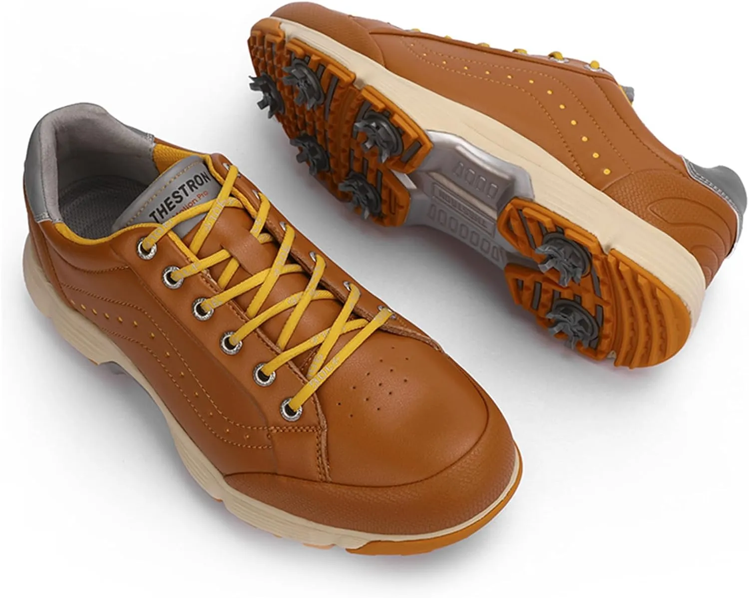 JiuQing Men's Golf Shoes Professional Spikes Leather Golfing Trainers Waterproof Anti-Slip