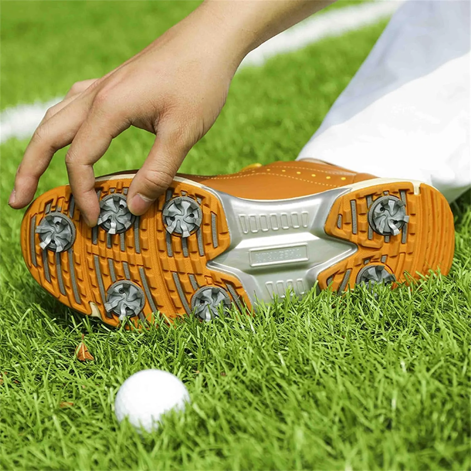 JiuQing Men's Golf Shoes Professional Spikes Leather Golfing Trainers Waterproof Anti-Slip