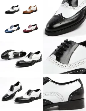 Men's Colorblock Derby Dress Leather Shoes,Fashion Carving Floral Wingtip Block Lace-up Formal Business Casual Shoes