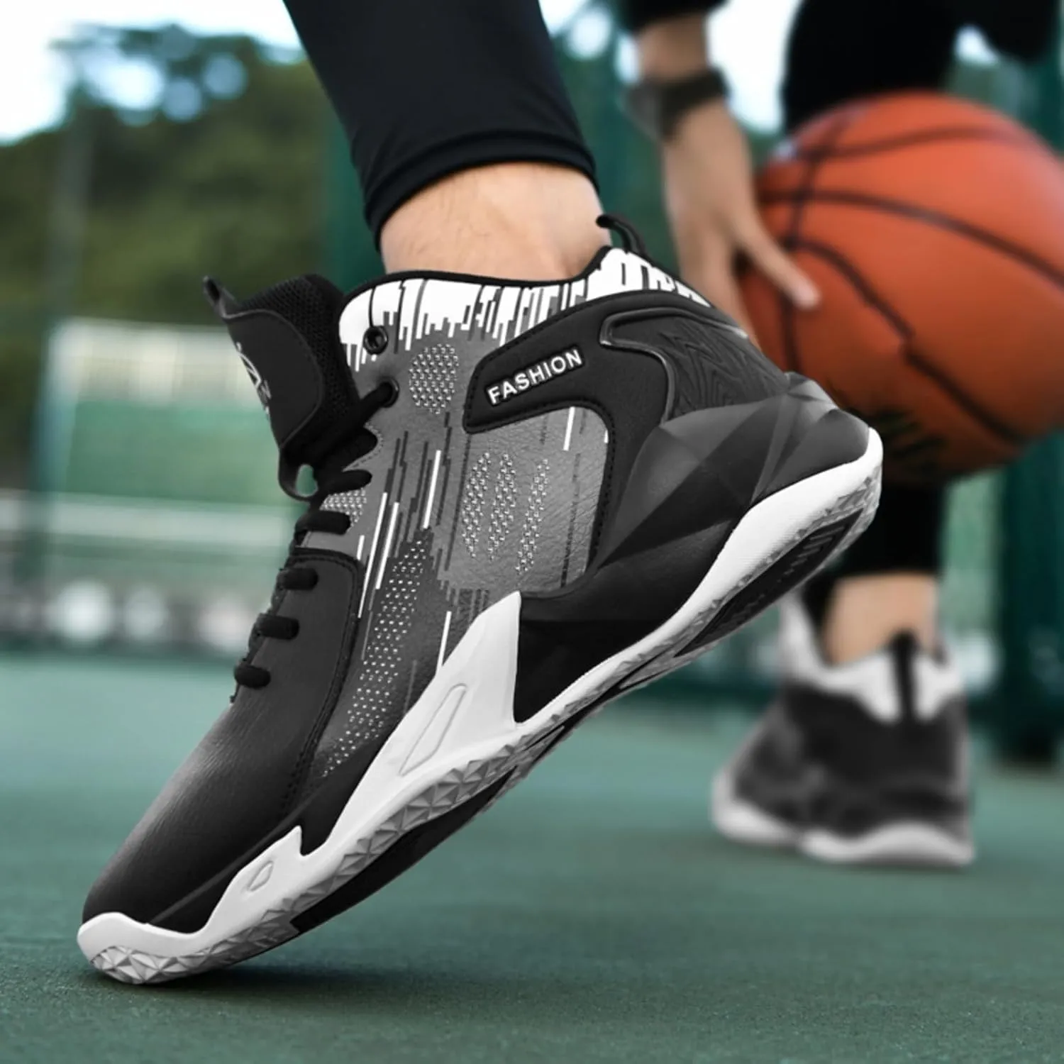 Mens High Top Leather Lace Up Basketball Sport Shoes Fashion Classics Non Slip Chunky Sneakers for Walking Running Tennis Volleyball (Black White,7.5)