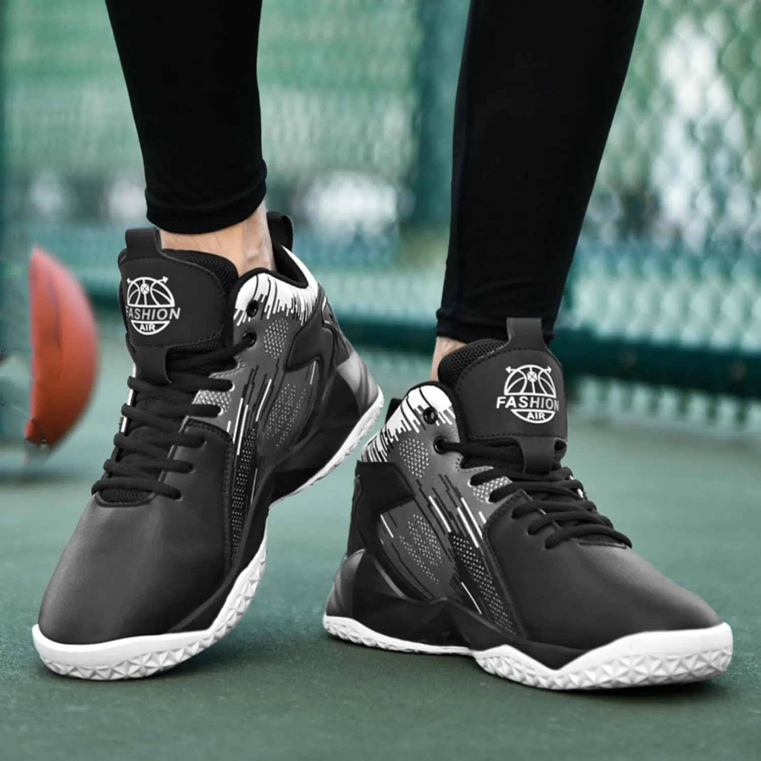Mens High Top Leather Lace Up Basketball Sport Shoes Fashion Classics Non Slip Chunky Sneakers for Walking Running Tennis Volleyball (Black White,7.5)