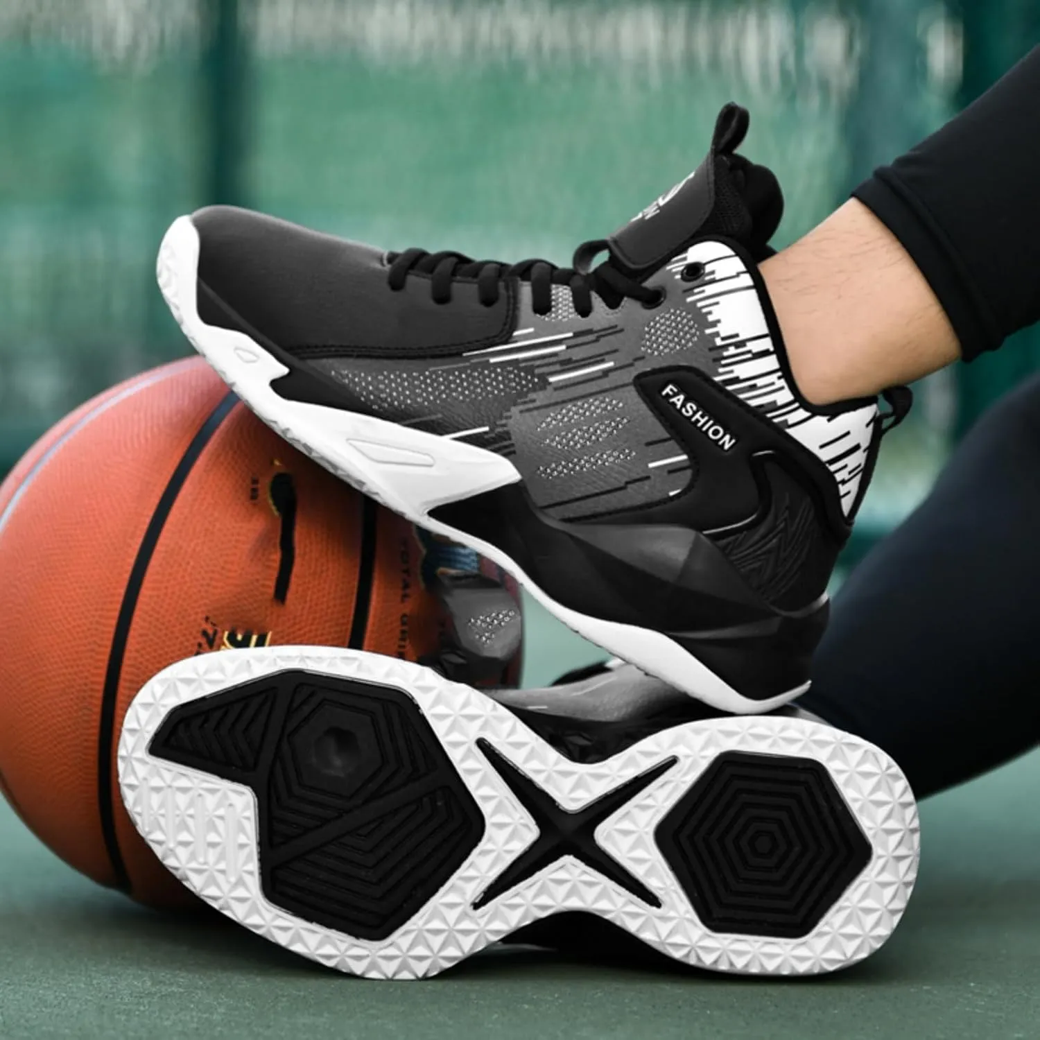 Mens High Top Leather Lace Up Basketball Sport Shoes Fashion Classics Non Slip Chunky Sneakers for Walking Running Tennis Volleyball (Black White,7.5)