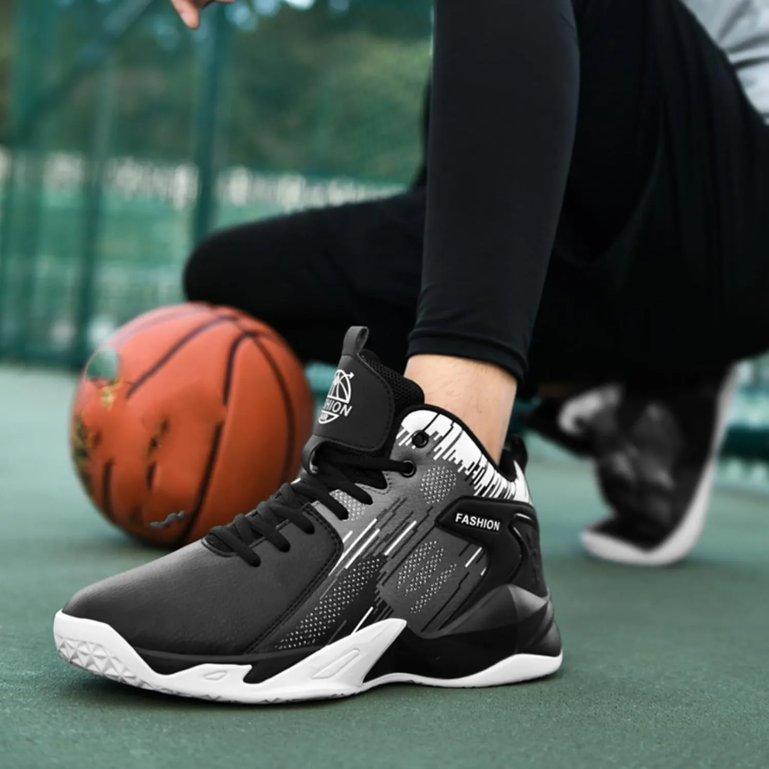 Mens High Top Leather Lace Up Basketball Sport Shoes Fashion Classics Non Slip Chunky Sneakers for Walking Running Tennis Volleyball (Black White,7.5)
