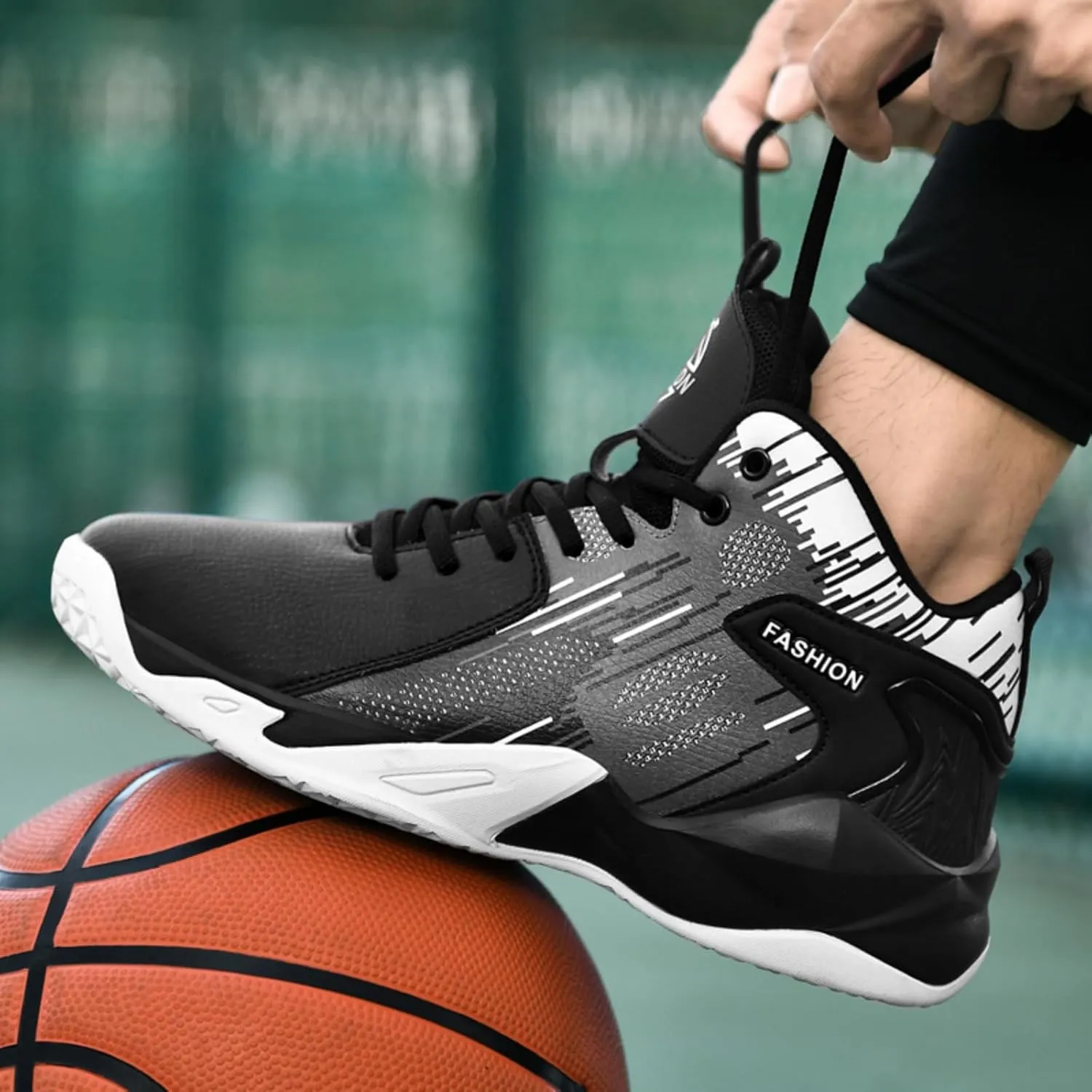 Mens High Top Leather Lace Up Basketball Sport Shoes Fashion Classics Non Slip Chunky Sneakers for Walking Running Tennis Volleyball (Black White,7.5)