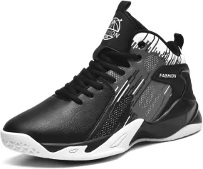 Mens High Top Leather Lace Up Basketball Sport Shoes Fashion Classics Non Slip Chunky Sneakers for Walking Running Tennis Volleyball (Black White,7.5)