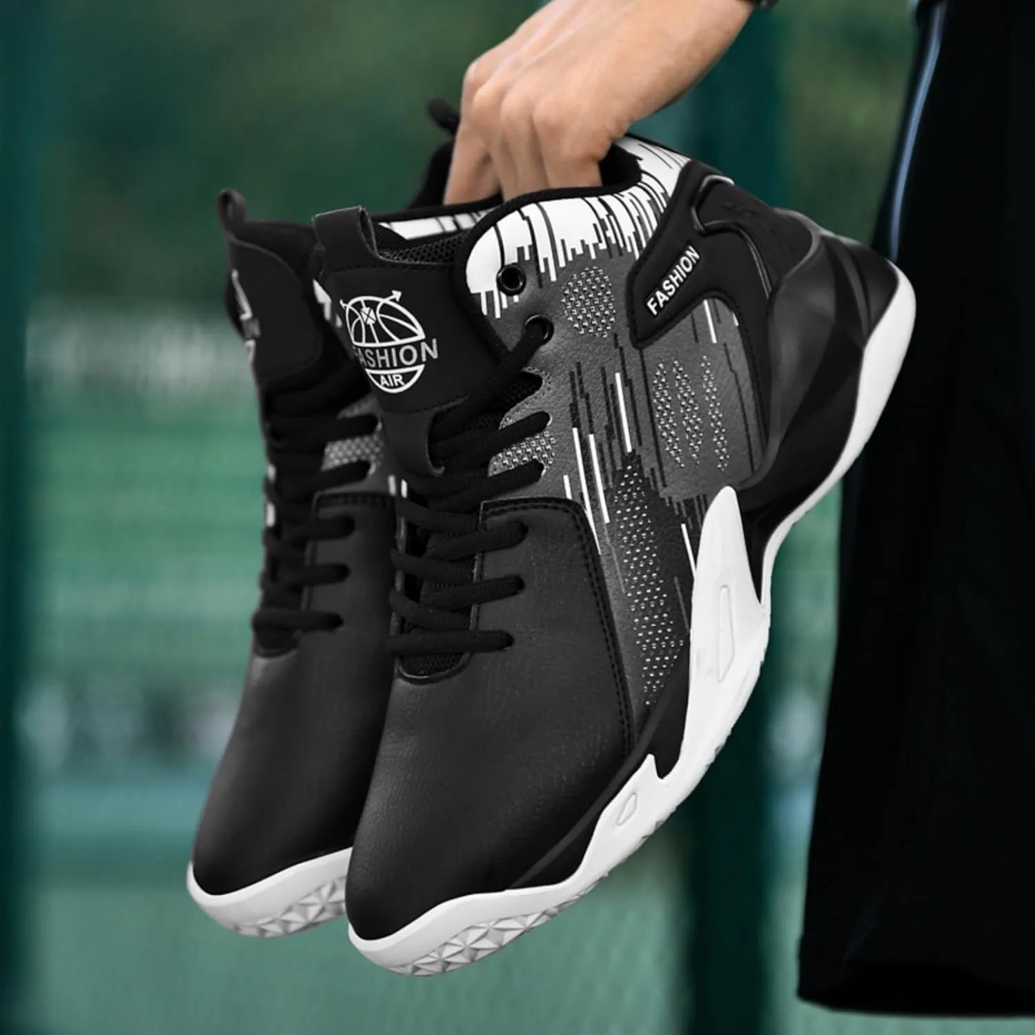 Mens High Top Leather Lace Up Basketball Sport Shoes Fashion Classics Non Slip Chunky Sneakers for Walking Running Tennis Volleyball (Black White,7.5)