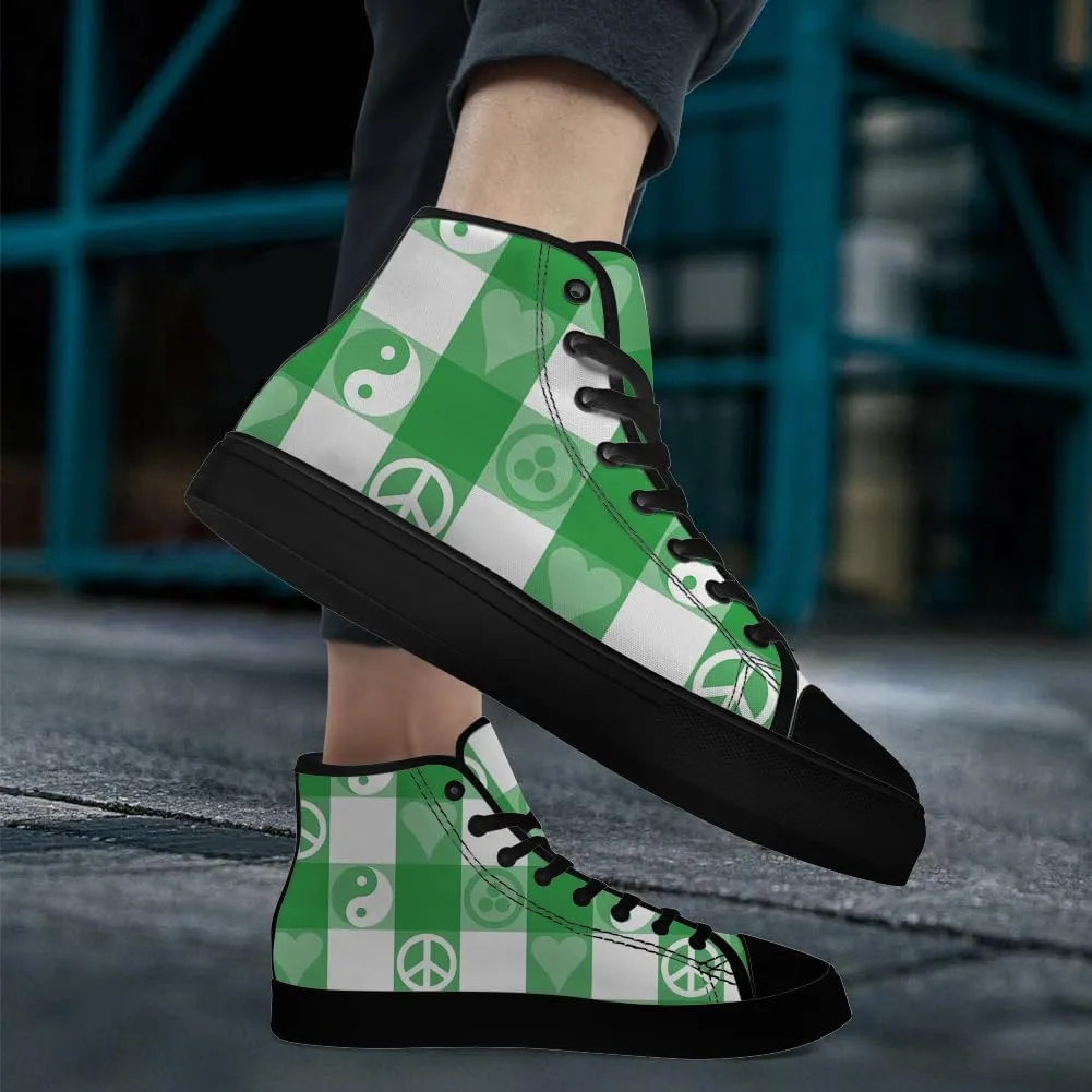Peace High Top Canvas Shoes for Men Women Plaid High Top Sneakers Lace Up Casual Shoes Gifts for Dad Mom