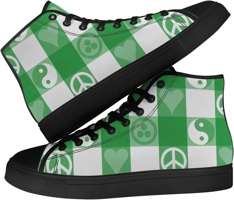 Peace High Top Canvas Shoes for Men Women Plaid High Top Sneakers Lace Up Casual Shoes Gifts for Dad Mom