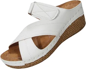 Platform Sandals Women Summer Orthopedic Arch Support Flat Slip on Wide Width Leather Wedge Damping Sole Lightweight Heels Diabetic Comfortable Dressy Casual Beach Vacation Walking Shoes