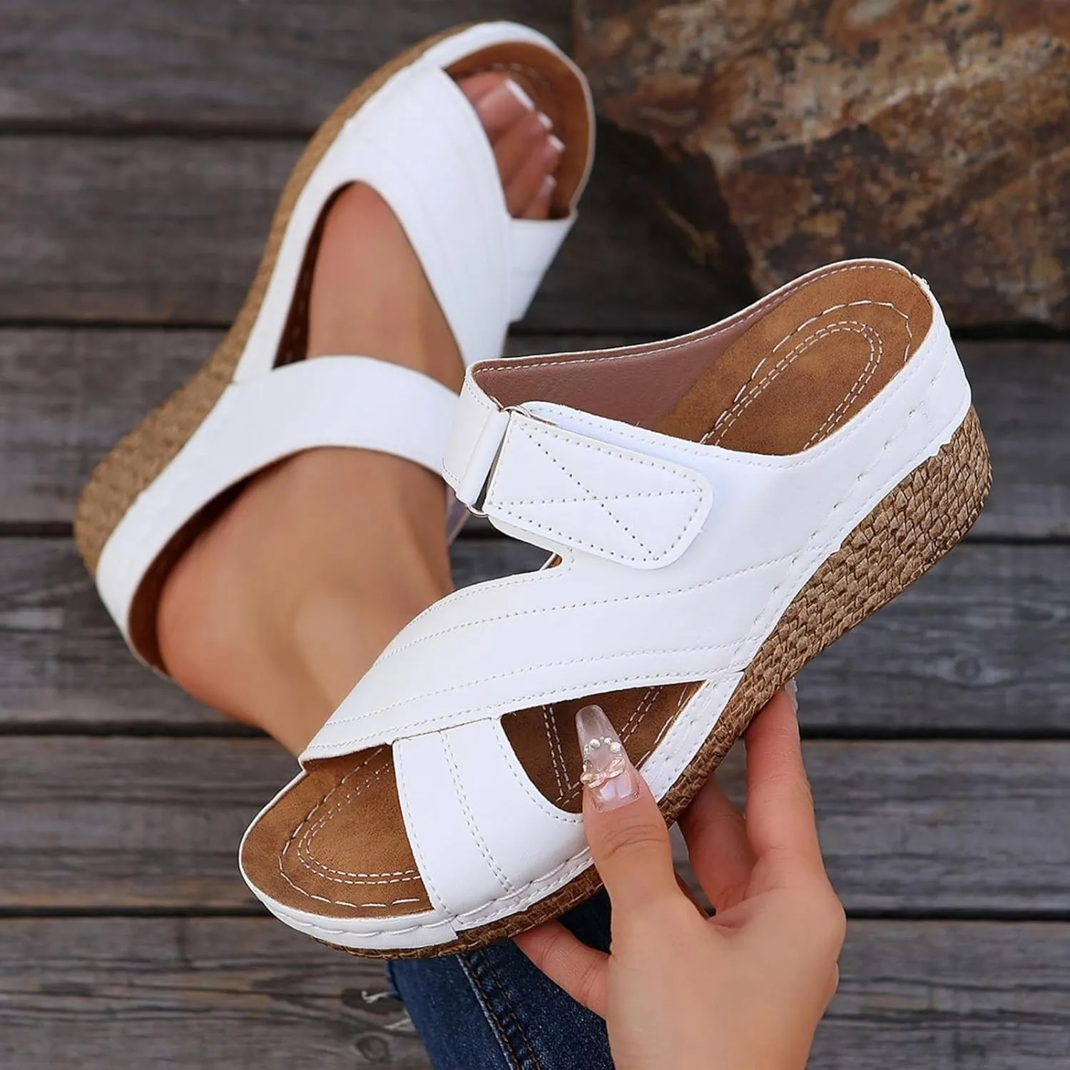 Platform Sandals Women Summer Orthopedic Arch Support Flat Slip on Wide Width Leather Wedge Damping Sole Lightweight Heels Diabetic Comfortable Dressy Casual Beach Vacation Walking Shoes