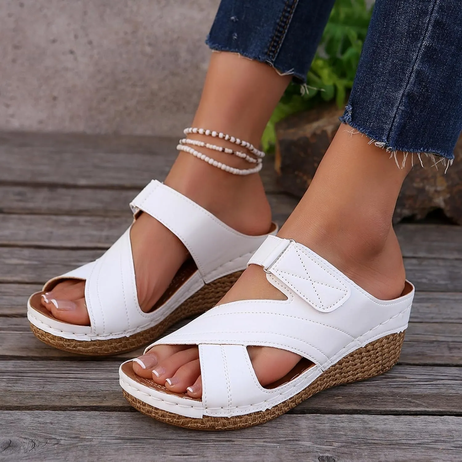 Platform Sandals Women Summer Orthopedic Arch Support Flat Slip on Wide Width Leather Wedge Damping Sole Lightweight Heels Diabetic Comfortable Dressy Casual Beach Vacation Walking Shoes