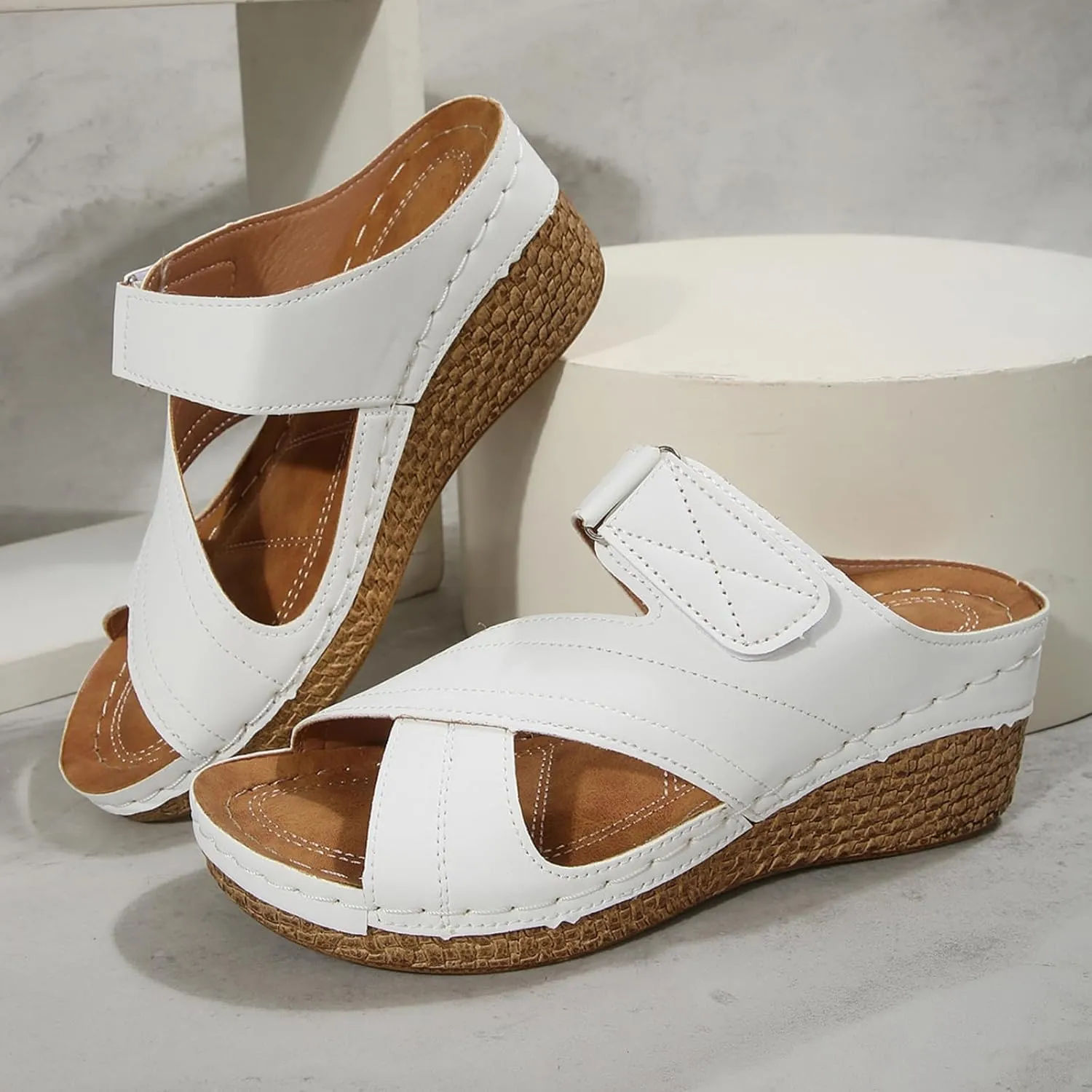 Platform Sandals Women Summer Orthopedic Arch Support Flat Slip on Wide Width Leather Wedge Damping Sole Lightweight Heels Diabetic Comfortable Dressy Casual Beach Vacation Walking Shoes