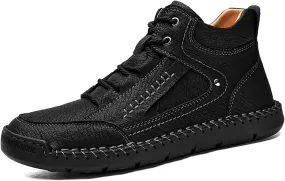 PURCHAWEE Men's Leather High Top Hiking Shoes Chukka Boots,Hand Sewing Non-Slip Good Arch Support Casual Outdoor Work Trekking Shoes