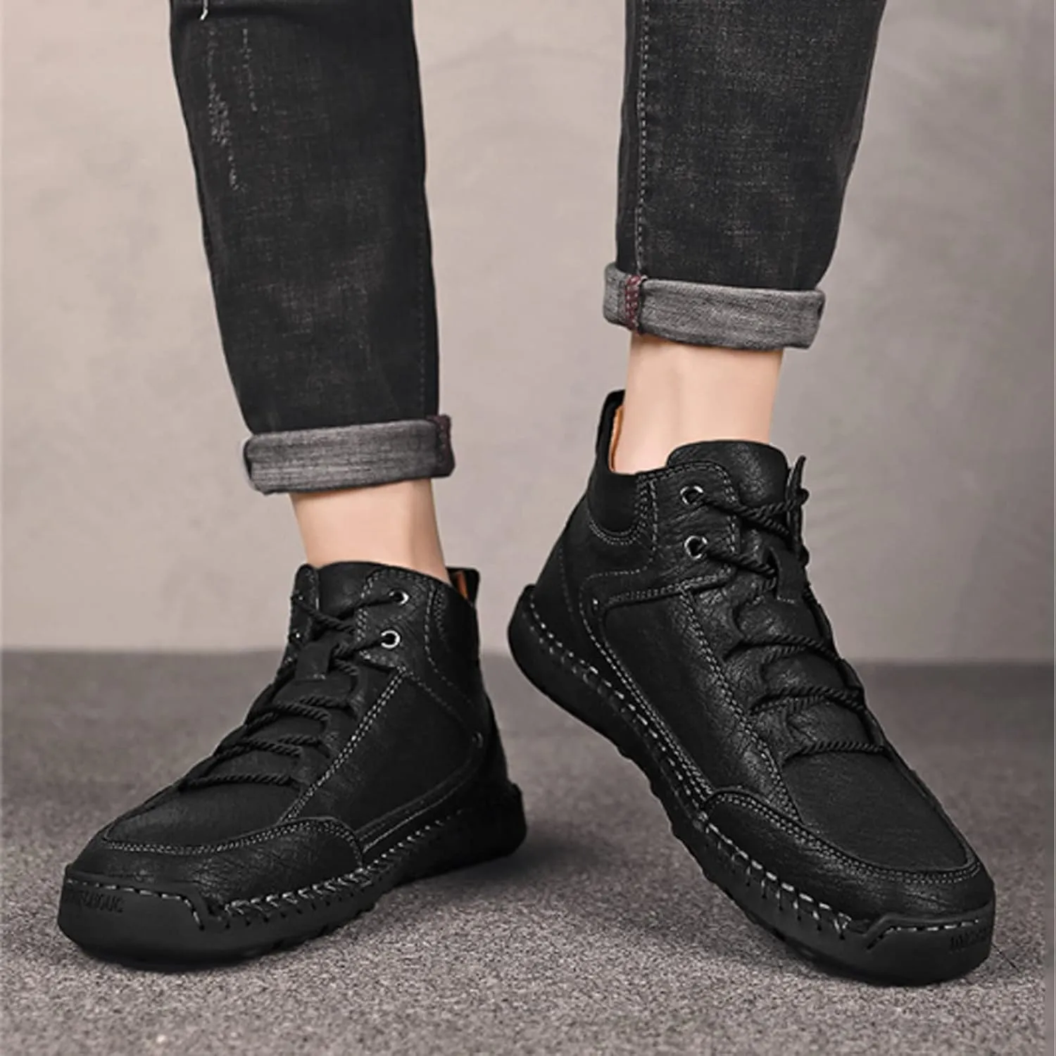 PURCHAWEE Men's Leather High Top Hiking Shoes Chukka Boots,Hand Sewing Non-Slip Good Arch Support Casual Outdoor Work Trekking Shoes