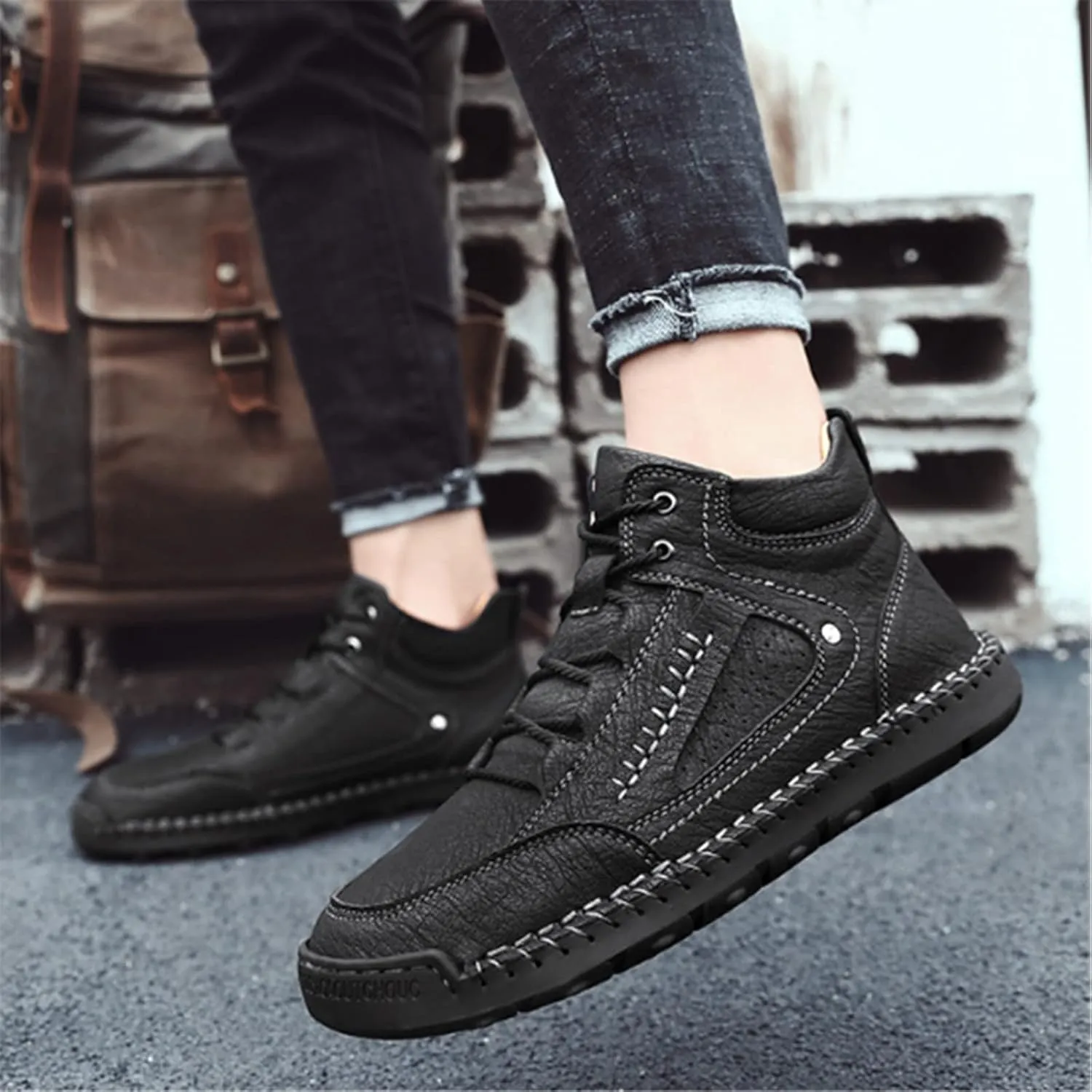PURCHAWEE Men's Leather High Top Hiking Shoes Chukka Boots,Hand Sewing Non-Slip Good Arch Support Casual Outdoor Work Trekking Shoes