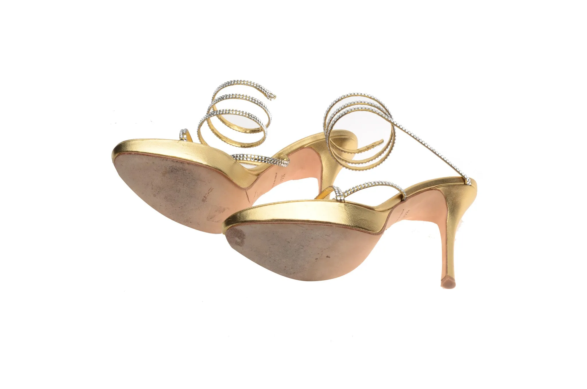 Rene Caovilla  - Gold Rhinestone Sandals with Wrap Around Ankle Strap- IT 39 1/2