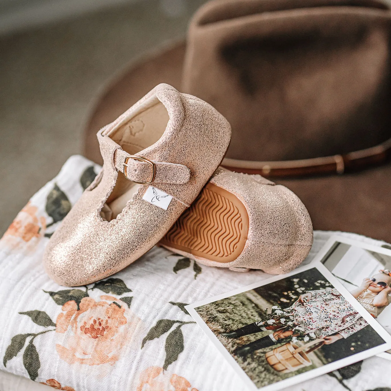 Rose Gold Sparkle T-Bar Moccasin with Anti-Slip Sole
