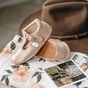 Rose Gold Sparkle T-Bar Moccasin with Anti-Slip Sole