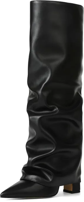 SaraIris Women's Knee High Boots Slouchy Black Fold Over Pointed Toe Chunky High Heeled Shark Boots for Women
