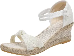 Smoneyful Womens Wedge Sandals Open Toe Ankle Strap Espadrille Platform Comforty Dressy Bow Pumps Summer