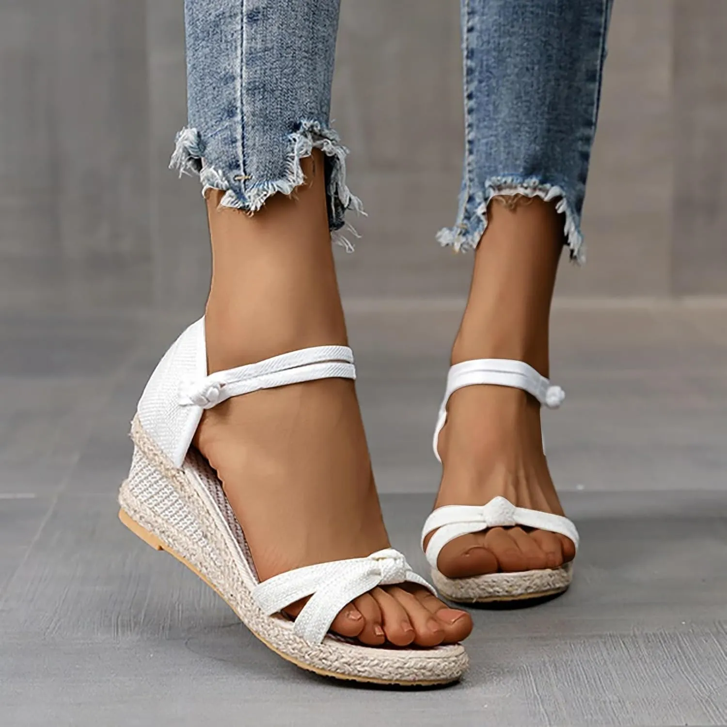 Smoneyful Womens Wedge Sandals Open Toe Ankle Strap Espadrille Platform Comforty Dressy Bow Pumps Summer