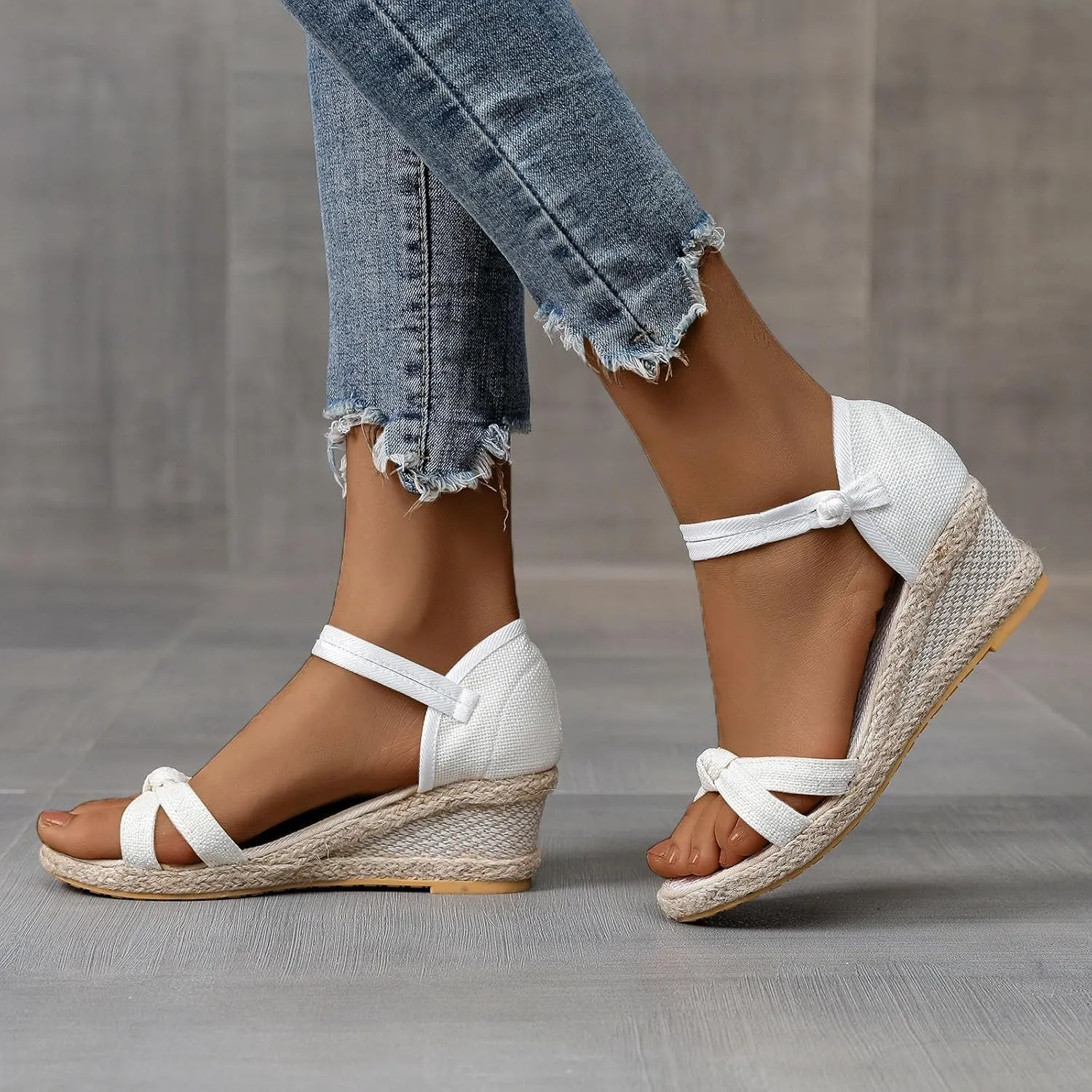 Smoneyful Womens Wedge Sandals Open Toe Ankle Strap Espadrille Platform Comforty Dressy Bow Pumps Summer