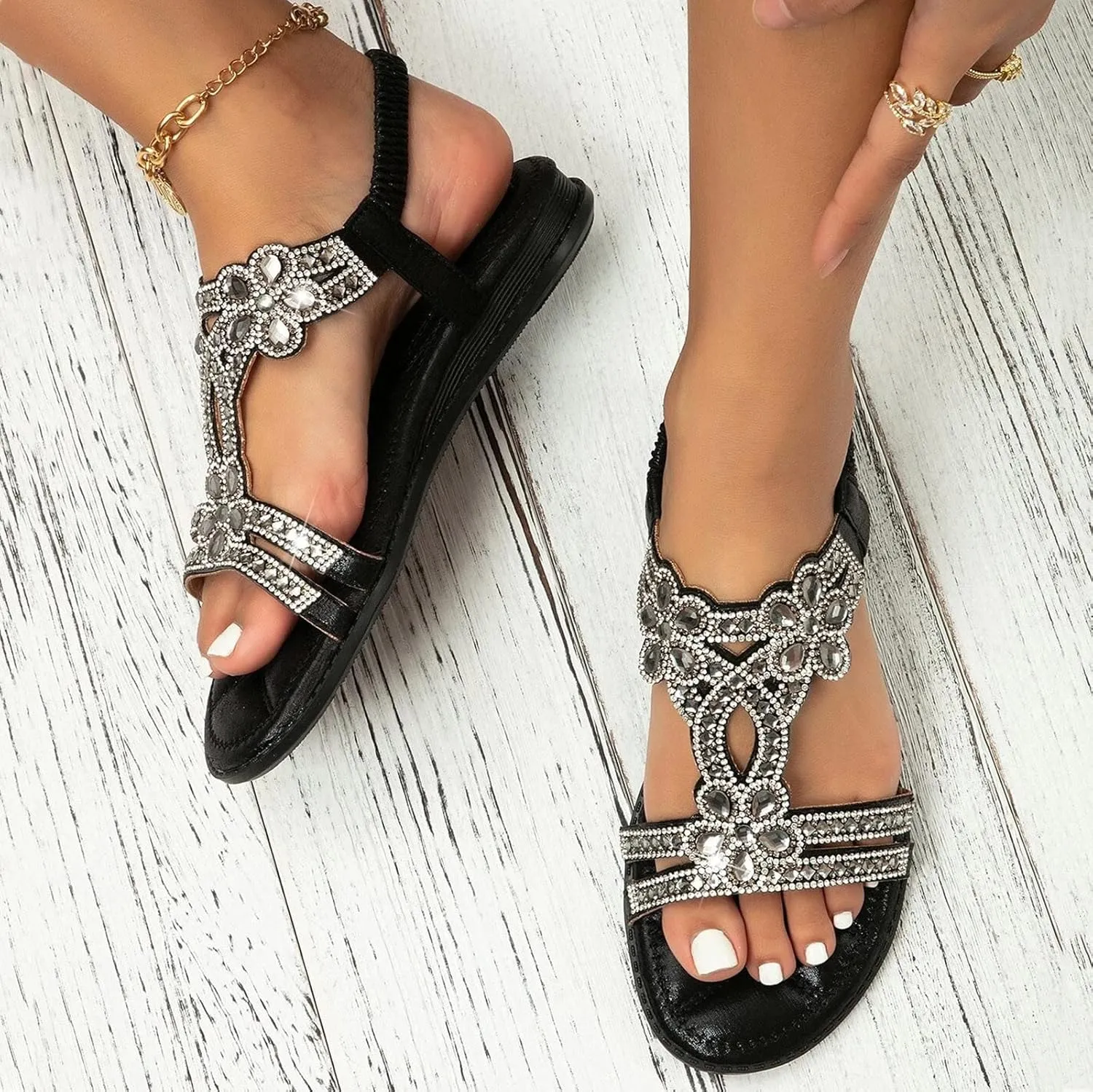 Strappy Sandals for Women 2025 Crystal Rhinestone Pearl Flat Dressy Braided T-Strap Thong Sandal with Arch Support Bling Sparkly Comfort Slip-On Shoes
